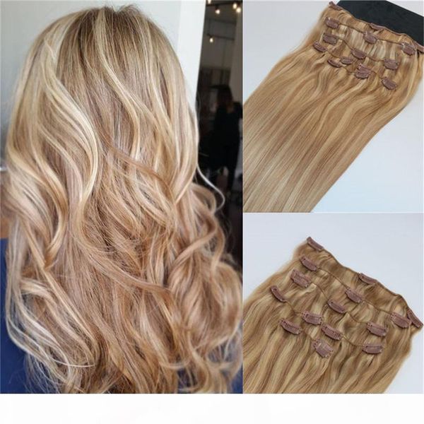 

human hair extensions ombre color two tone #18 ash blonde piano #22 medium blonde clip in human hair extensions highlights, Black