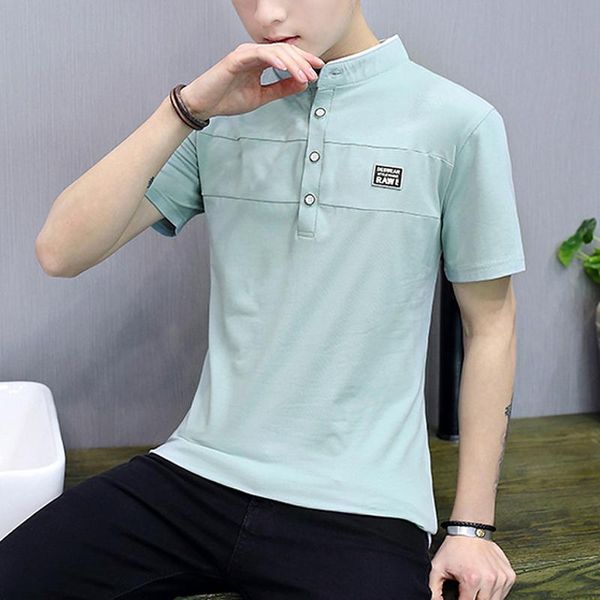 

spring summer men's short sleeve t-shirt leisure men's clothing casual stand solid worsted tshirt pullover white green black, White;black