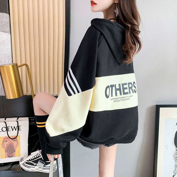 

loose hooded sweater women's plush medium length casual and lazy style, Black