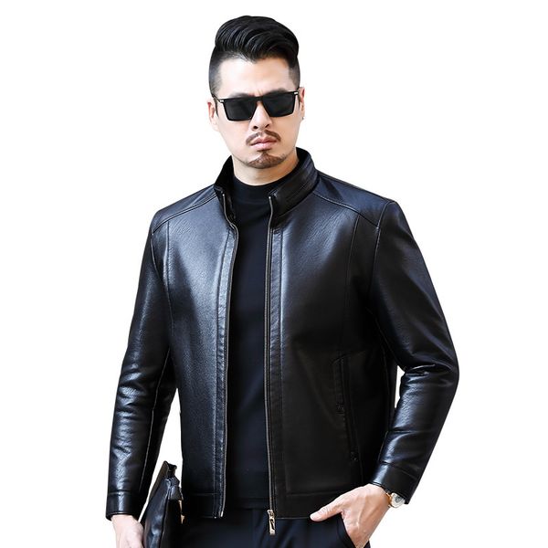 

2020 men's winter new leather jacket middle-aged and elderly skin plus thick keep warm turtleneck standing clothes lwpa, Black