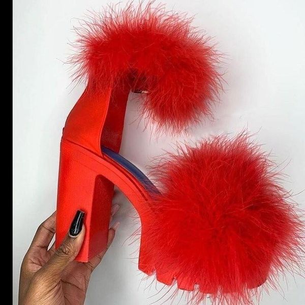 

sandals 2021 women heels fur ankle-wrap ladies party evening shoes designer buckle strap 9104, Black