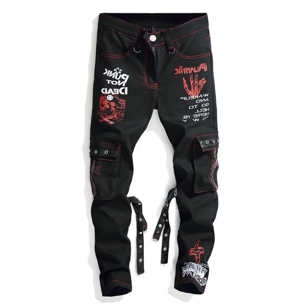 

mcikkny brand men's punk straight jeans letter printed denim trousers male streetwear hip hop pants multi-pockets, Black