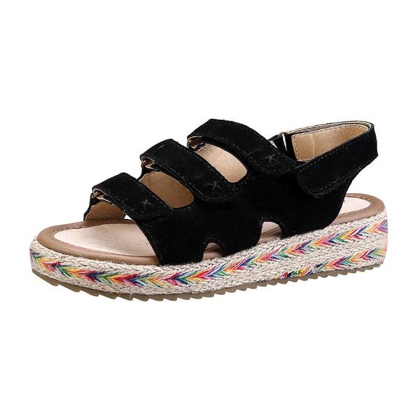 

sagace new fashion ladies summer wedge heel round toe shoes hook and loop party sandals genuine leather flat weave sandals, Black