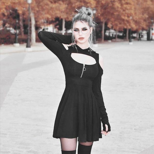 

women dress gothic cold shoulder zipper mini dress black vintage punk bodycon dress casual streetwear dresses ropa mujer#3s, Black;gray