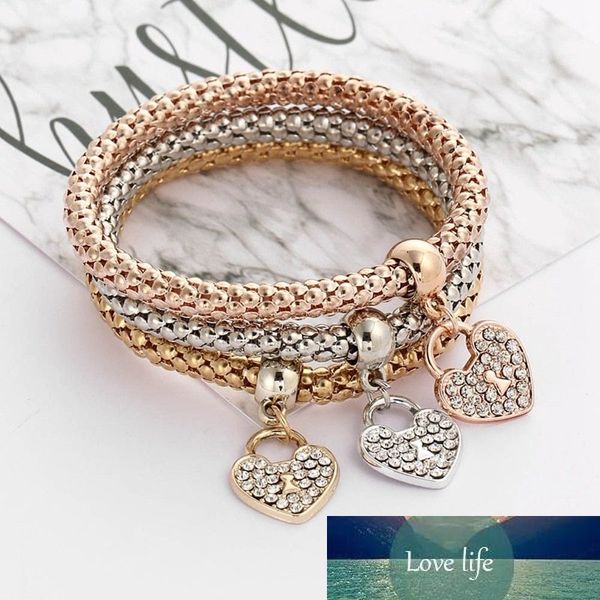 3 teile/satz Popcorn Kette Armbänder Rose Gold Silber Farbe Elastische Herz Liebe Medaillon Charme Anhänger CZ Kristall Armband für Frauen