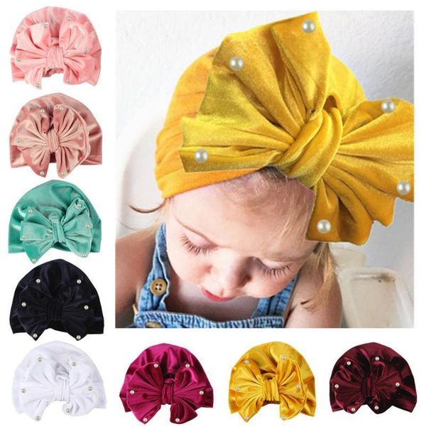 

new style europe and america children gold velvet pearl india cap bow babies' baby pullover hat1, Yellow
