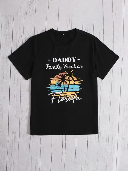 

men 1pc coconut tree and letter graphic tee h5py#, White;black