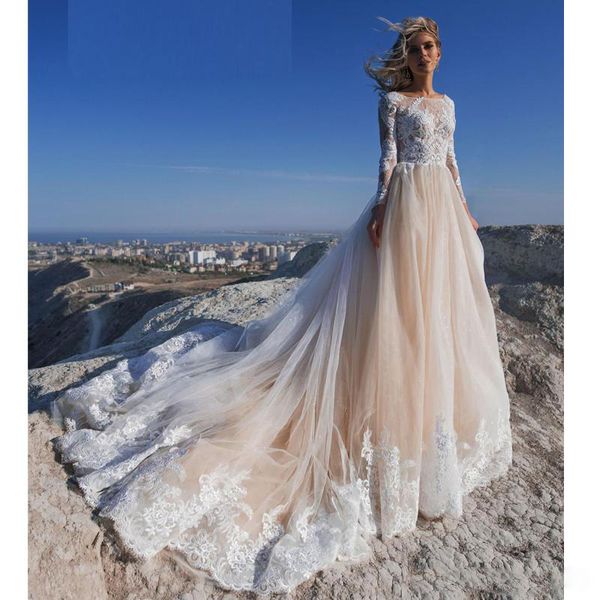 

beach wedding dresses 2021 a line lace applique jewel neck long sleeve boho wedding dress sweep train custom made garden bridal gowns, White
