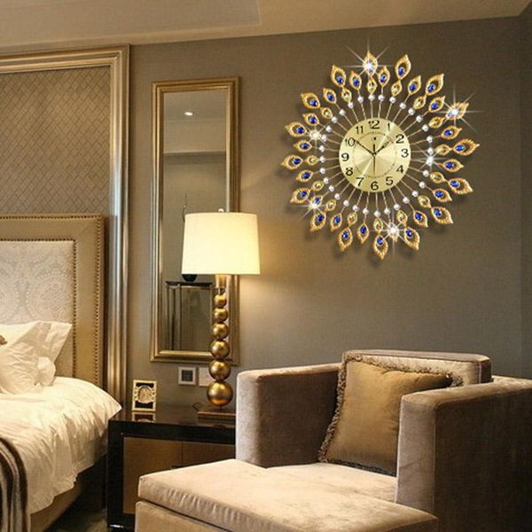 

large 3d gold diamond peacock wall clock metal watch for home living room decoration diy clocks crafts ornaments gift 70x70cm