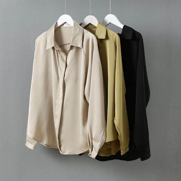 

women's blouses & shirts shirt 2021 solid chiffon button v-neck blouse women black long sleeve korean fashion clothing oversize 067, White