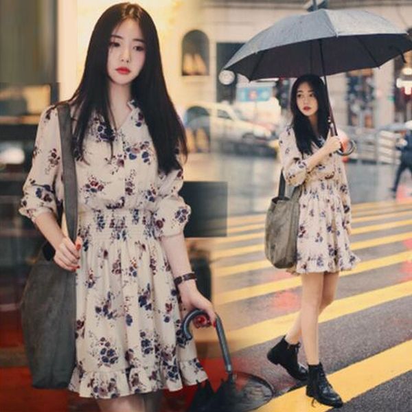 

fmhyn spring and summer 2020 new sleeve loose long korean waist closing fashion versatile small flower women's chiffon dress dress c9hy, Black;gray