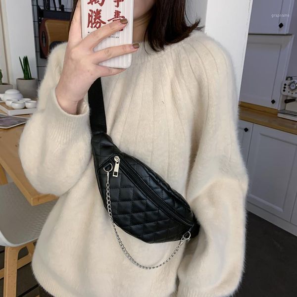 

women style black plaid waist bag pu leather vintage fanny pack chains chest bag designer shoulder sling bags for women 20211