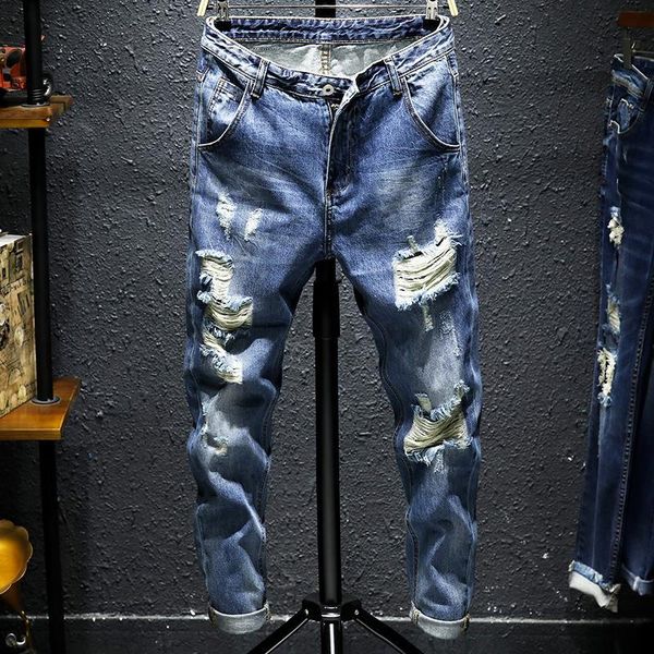 

men's trend of big hole jeans in spring and summer japanese scraped slim leggings youth straight baggy beggars pants, Blue