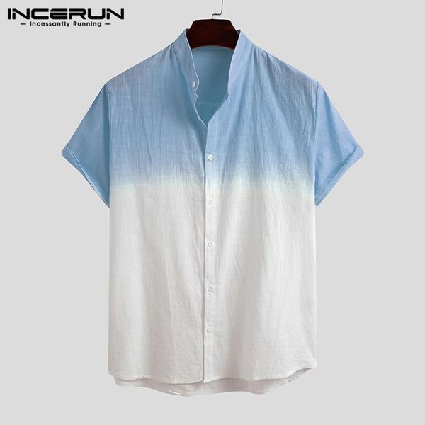 

incerun 2020 men shirt short sleeve gradient streetwear cotton summer breathable casual blouse tie dye harajuku chic camisas 3xl, White;black