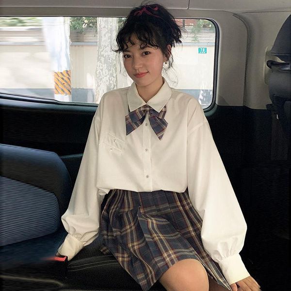 

harajuku с длинным рукав и блузы женщина осенью 2020 корейских лолита стиль белых синей блузка рубашки школьница сладкой одежда, White