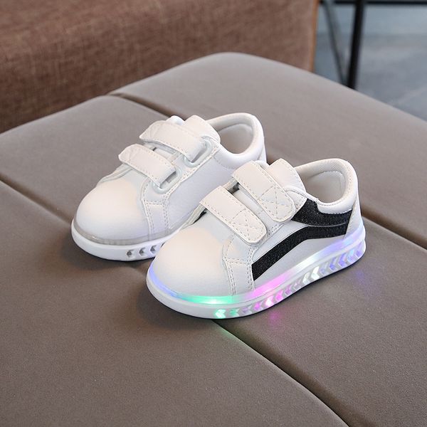 

kids boys girls spring autumn fashion casual children led light flash flat heels rubber pu white striped shoes 30, Black