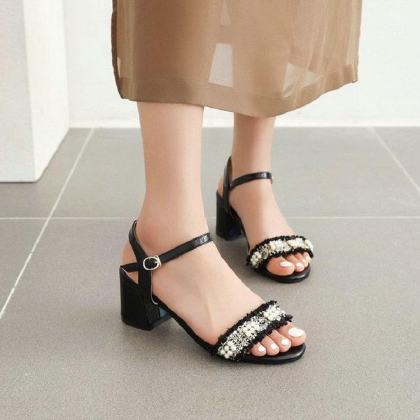 

sianie tianie extra big size 33-48 retro elegant lady office shoes with pearls open toe 6cm square heels women's femme sandals, Black
