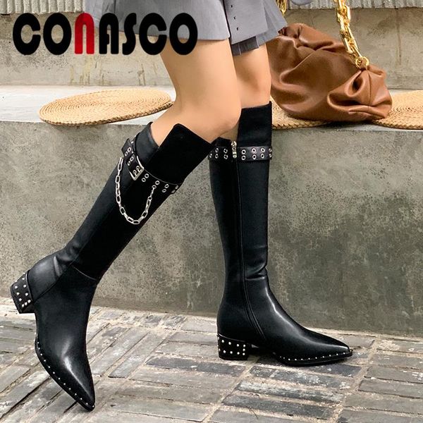 

conasco мода прохладный женщины колено сапоги толстые каблуки обувь женщина осень зима новый натуральная кожа новые цепи заклепки длинные са, Black