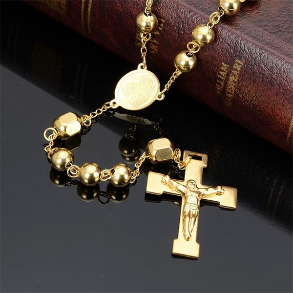 

granny chic 8mm gold tone rosary beads link chain necklace for women men crucifix jesus pendant religious cross jewelry gifts 201014, Silver