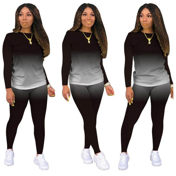 

imcute two piece set women fashion gradient print bodycon tracksuit long sleeve + biker joggers pants outfits matching set, Gray