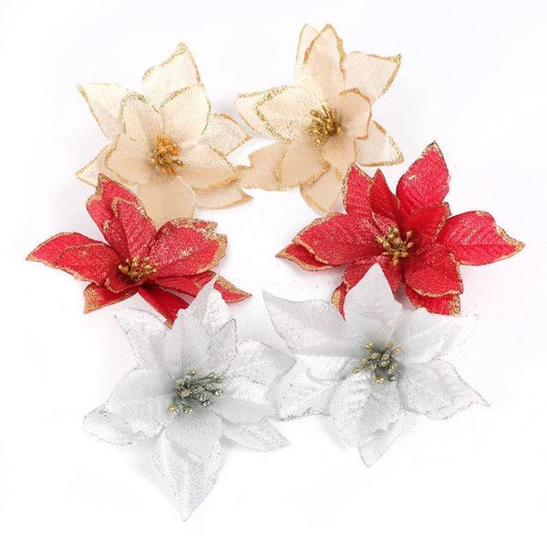 

christmas decorations 10pcs red glitter poinsettia flower tree ornaments for home xmas year decor party supplies1