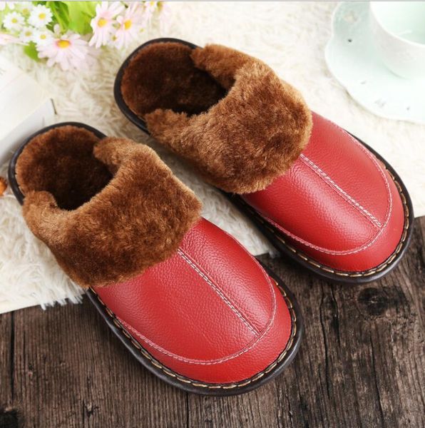 

new ladies slippers winter pu leather home indoor couple slippers rubber non - slip thermal woman1, Black