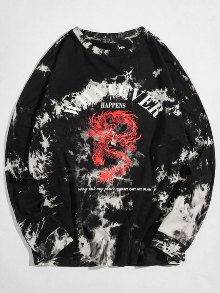 

men slogan graphic chinese dragon tie dye tee b17j#, White;black