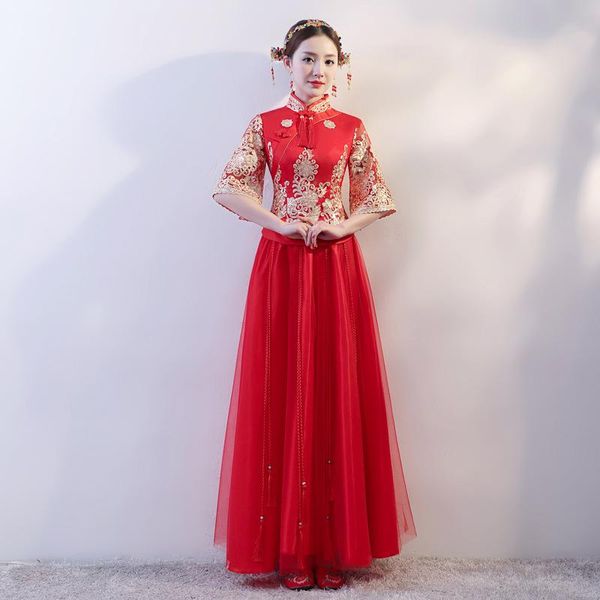 

red embroidery cheongsam long chinese traditional wedding dress qipao bride orientale style party dresses vintage gown qi pao