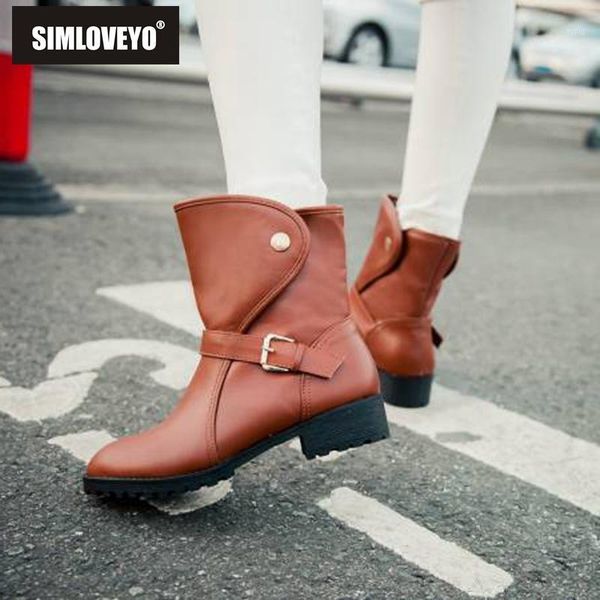 

boots simloveyo shoes women ankle round toe female mujer botas fashion retro slip on buckle solid black brown plus size a11541