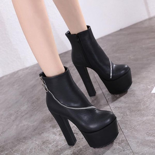 

zipper boots shoes round toe clogs platform winter footwear boots-women booties woman 2020 high heels rubber stiletto, Black