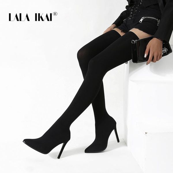 

lala ikai 2020 new autumn winter women high heels knee boots overheight boots 9cm fashion long riding booties female botas mujer, Black