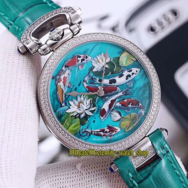 

High Quality New Bovet 1822 Amadeo Fleurie 3D Koi Fish Lotus Dial Swiss Quartz Mens Womens Watch Diamond Bezel Leather Strap Unisex Watches