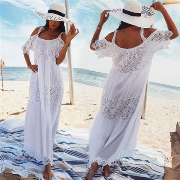 

cover-ups bohemian lace maxi dress off shoulder patchwork beach cover up women plus size tunics saida praia wear lady party dress1