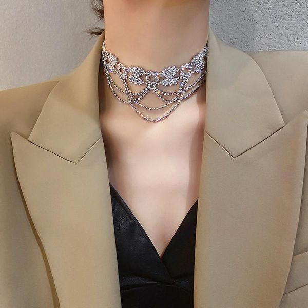 

chokers korean luxurywomans jewelry full crystal multilayer necklace ladies lovers wedding silver color trendy clavicle chain, Golden;silver
