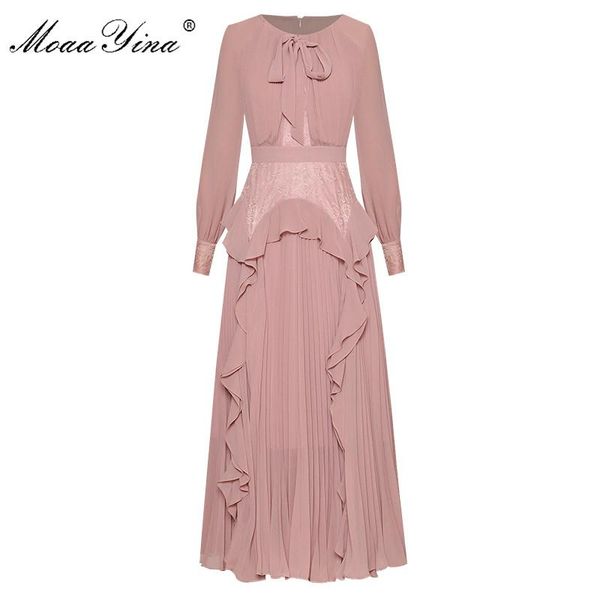

moaayina fashion designer dress spring autumn women's dress long sleeve lace pleated ruffles chiffon dresses, Black;gray