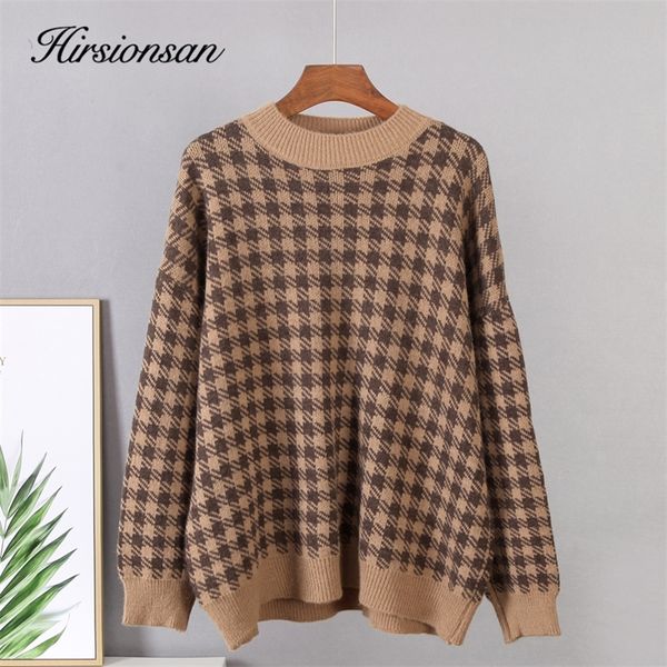 

hirsionsan khaki houndstooth cashmere sweater women loose casual knitted pullovers autumn soft knitwear female retro jumper 201224, White;black