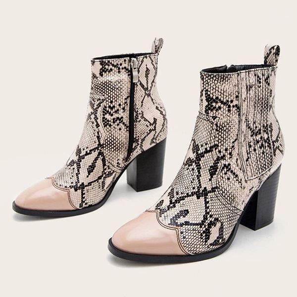 

fashion boots 2020 women shoes snakeskin zipper block heels ladies ankle boots pu leather autumn winter female footwear elegant1, Black