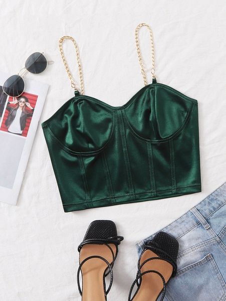 

chain detail silky bustier cami crop b8y5#, White