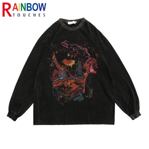 

rainbow head - gothic retro men's street fashion long sve abstract printing t-shirt, harajuku washed, oversized, White;black