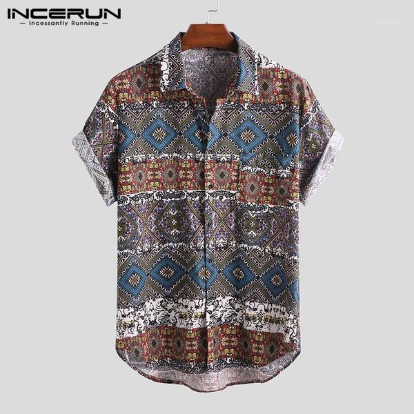 

incerun men hawaiian shirt short sleeve ethnic printed casual loose blouse vintage beach shirt men camisa masculina plus size1, White;black