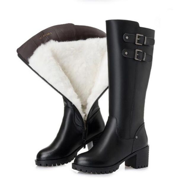 

boots fashion warm winter women genuine leather high heel non-slip knight plush wool snow plus size1, Black