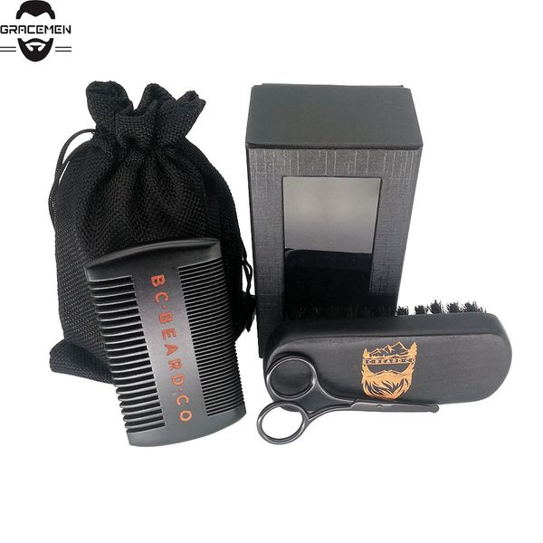 MOQ 100 pezzi LOGO personalizzato OEM uomo kit per la cura della barba per capelli facciali denti grossi e fini pettine in legno spazzola nera e forbici in confezione regalo