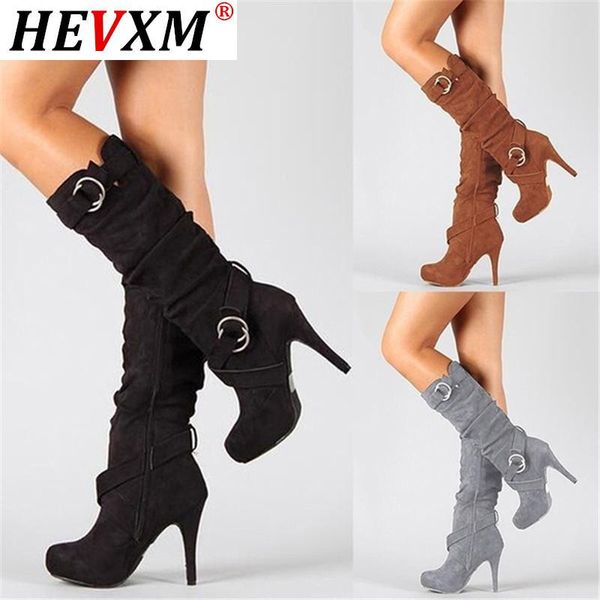 

2021 knee high women boots thin high heel round toe platform fashion ladies pu leather boots size 34-43 lady shoes, Black