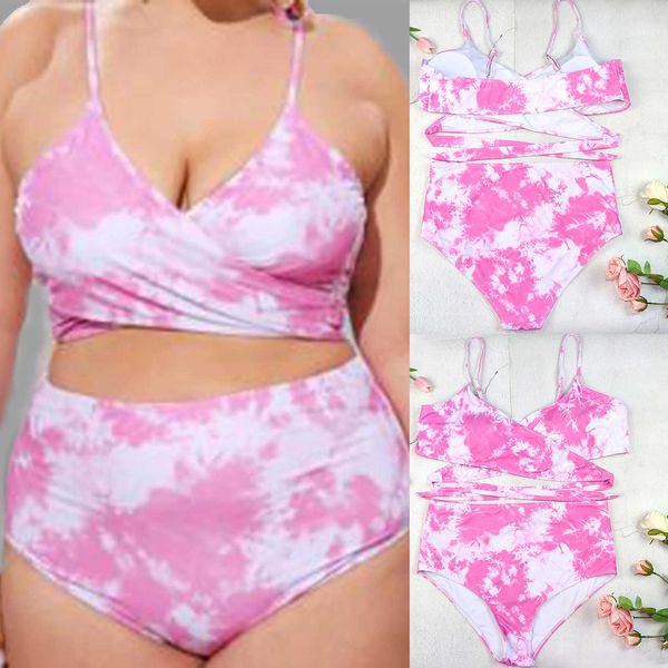

xl-4xl pink tie-dye print women's swimwear plus size printing split sling swimsuit underwear women set v-neck thin waist f4, White;black