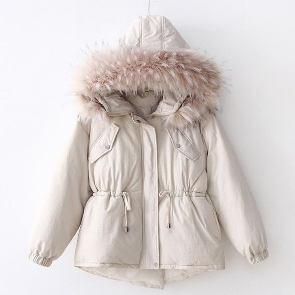 

winter all-match large fur collar cotton-padded jacket women's waist-tight short cotton-padded jacket simple solid color coat, Black