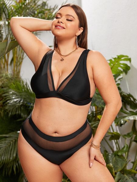 

plus solid mesh trim bikini swimsuit 61cj#, Black