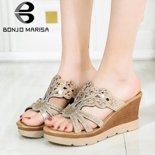 

bonjomarisa new arrival trendy high wedges slides elegant metallic slippers women 2020 summer casual platform shoes woman1, Black