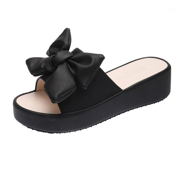 

women summer flip flop wedge slip-on bow outdoor leisure beach slippers shoes solid casual leather high heel slippers women1, Black