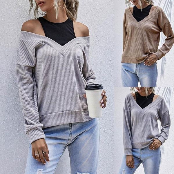 

ropa de mujer otoño invierno 2020 fashion women casual v-neck solid fake two piece stitching knitted sweater pull hiver femme, White;black