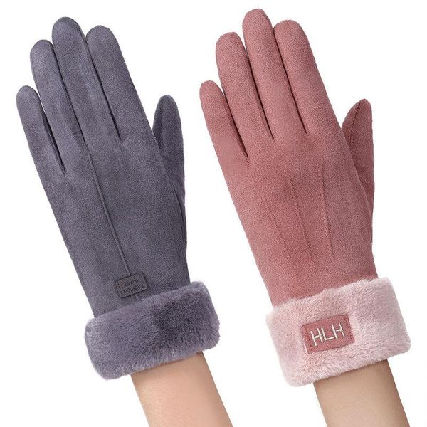 

winter female warm suede leather cartoon bear sport cycling mitten women double thick plush wrist touch screen driving glove, Blue;gray